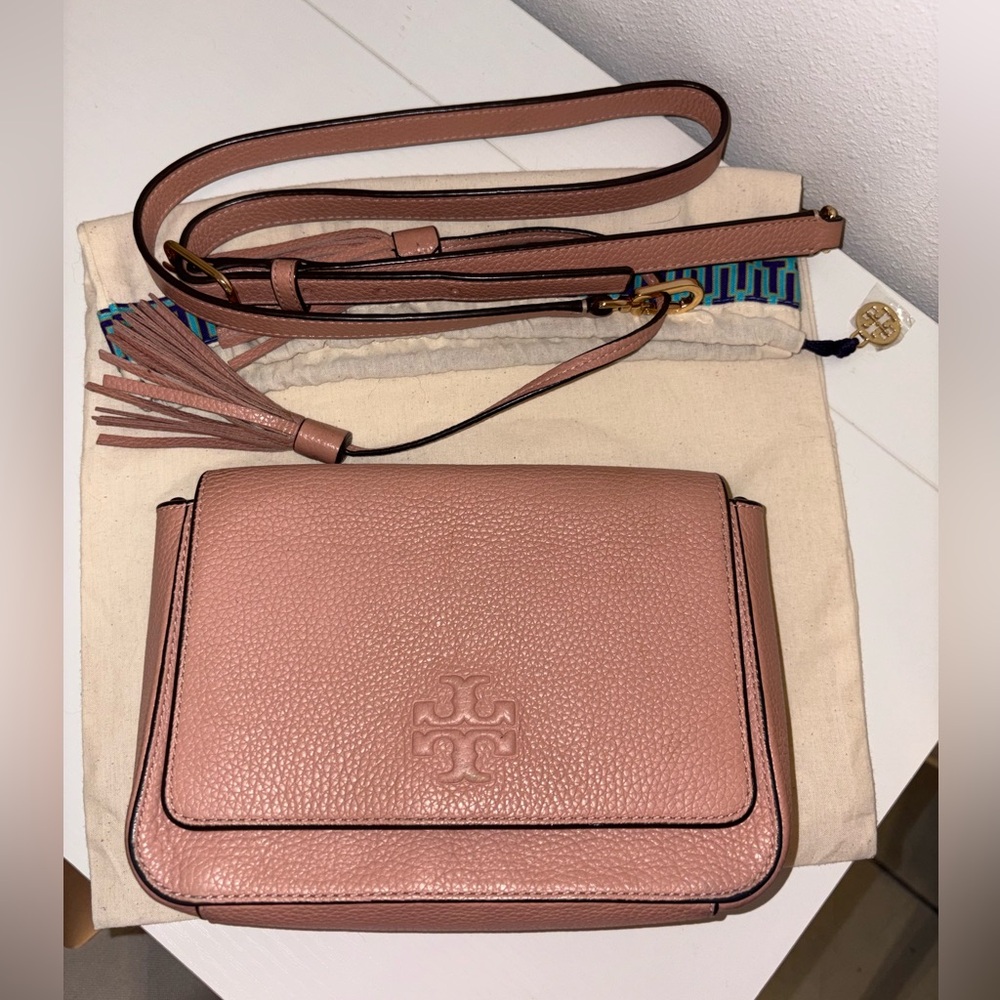 Tory Burch Thea Web Pebble Leather Pink Moon Flap Crossbody Bag